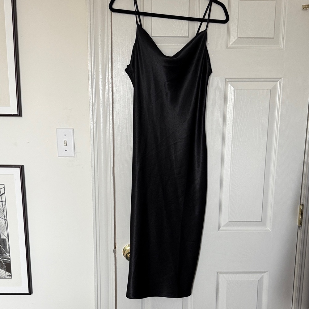 Cowl Neck Elegant Black Satin Dress with Adjustable Spaghetti Straps